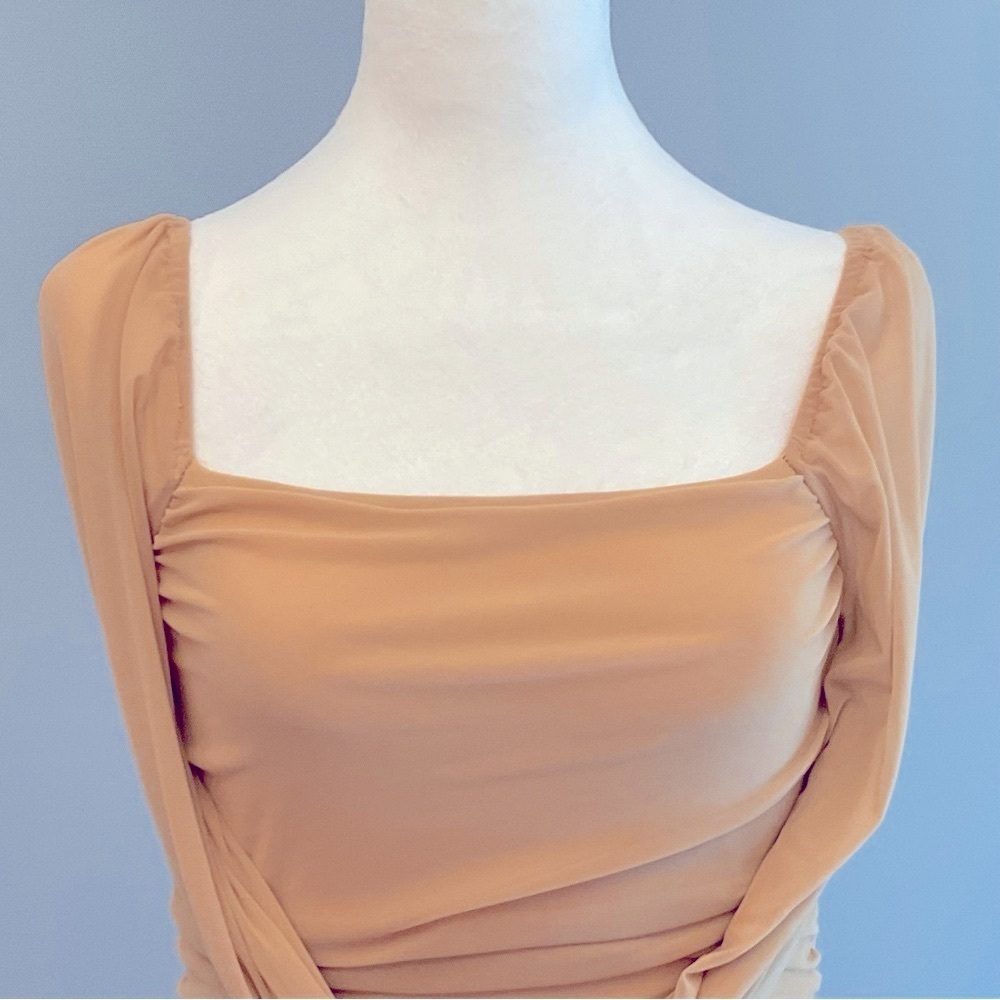 Beige Ruched Bodycon Dress Sheer Sleeves |Size S - Picture 9 of 16
